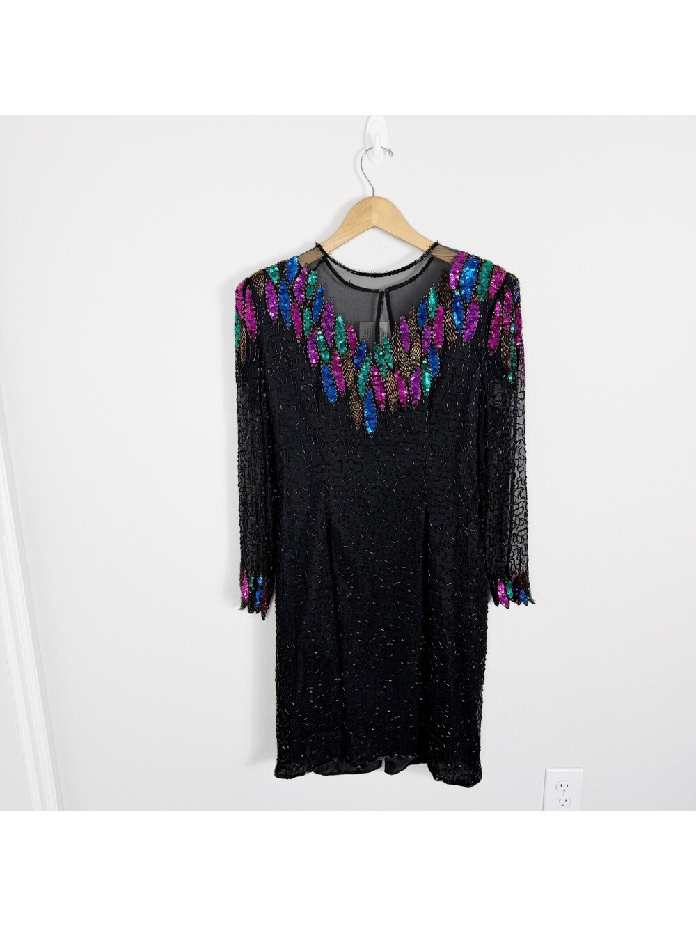 NWT Vintage Scala Silk Beaded Dress Long Sleeve Black Colorful Party Size XL